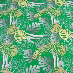 Baumwolle 100% Monstera-Blätter gelb-grau auf grünem Hintergrund  