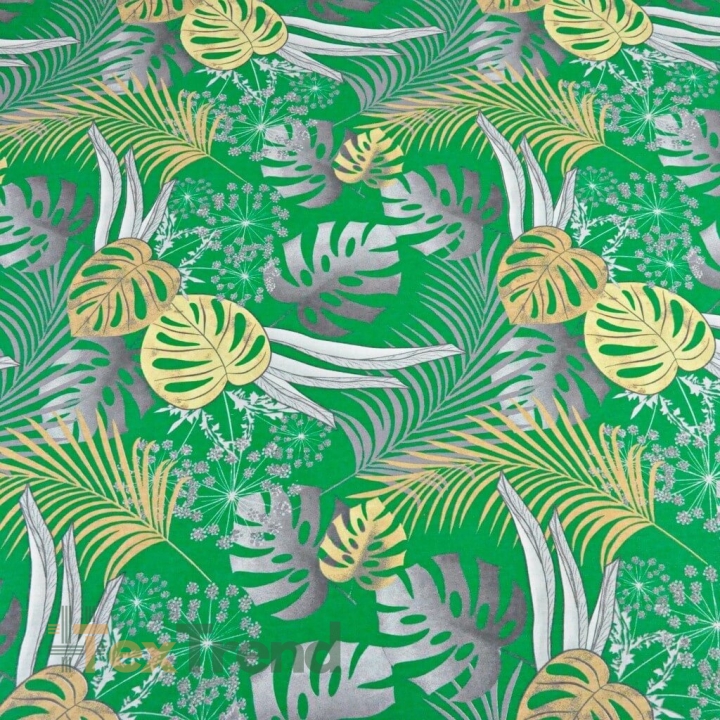 Baumwolle 100% Monstera-Blätter gelb-grau auf grünem Hintergrund  