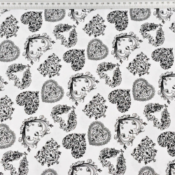 Baumwolle 100% MINI Herzen gemustert schwarz auf weißem Hintergrund  