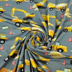 Jersey-Stoff Digitaldruck - Baustellenroboter auf dunkelgrauen Streifen  