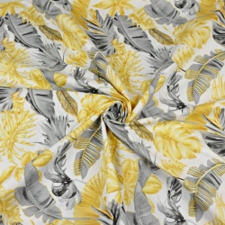 100% Baumwolle - gold-graue Blätter auf weißem Hintergrund  