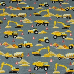 Jersey-Stoff Digitaldruck - Baustellenroboter auf dunkelgrauen Streifen  