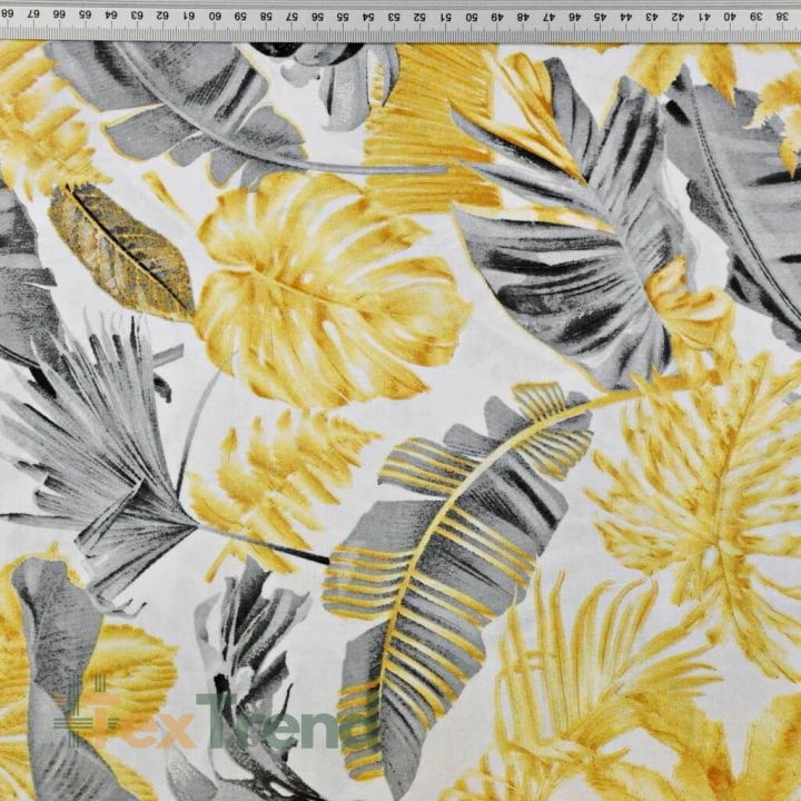 100% Baumwolle - gold-graue Blätter auf weißem Hintergrund  
