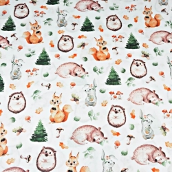 100% Baumwolle - orange-grüne Waldtiere auf weißem Hintergrund  