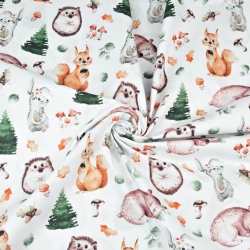 100% Baumwolle - orange-grüne Waldtiere auf weißem Hintergrund  