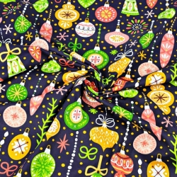 Baumwolle 100% Weihnachtsmuster bunte Kugeln auf dunkelblauem Hintergrund  