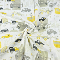 Baumwolle Musselin Autos in der Stadt grau-gelb auf weißem Hintergrund  