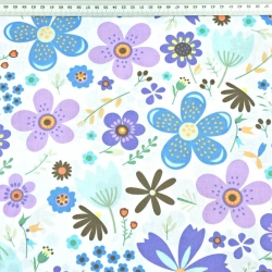 Baumwolle 100% große Wiese blau-lila auf weißem Hintergrund  