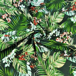 100% Baumwolle - Blätter mit Papageien in grün-mint auf dunkelgrünem Hintergrund  