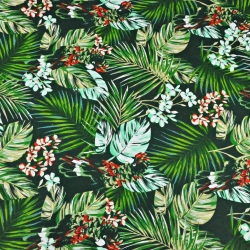 100% Baumwolle - Blätter mit Papageien in grün-mint auf dunkelgrünem Hintergrund  