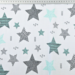 Baumwolle Musselin Sterne gemustert mint auf weißem Hintergrund  
