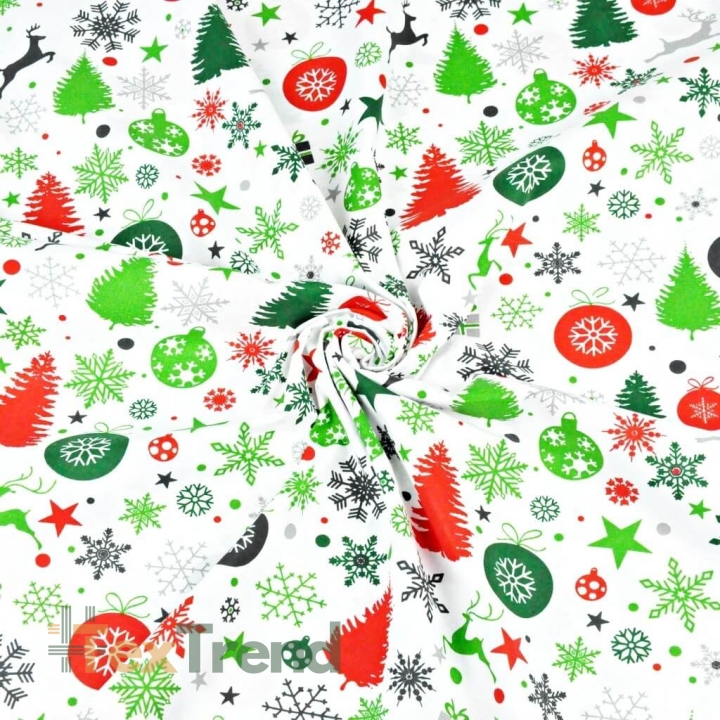 Baumwolle 100% Weihnachtsmuster rot-grün auf weißem Hintergrund  