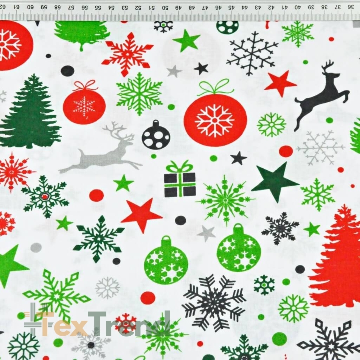 Baumwolle 100% Weihnachtsmuster rot-grün auf weißem Hintergrund  