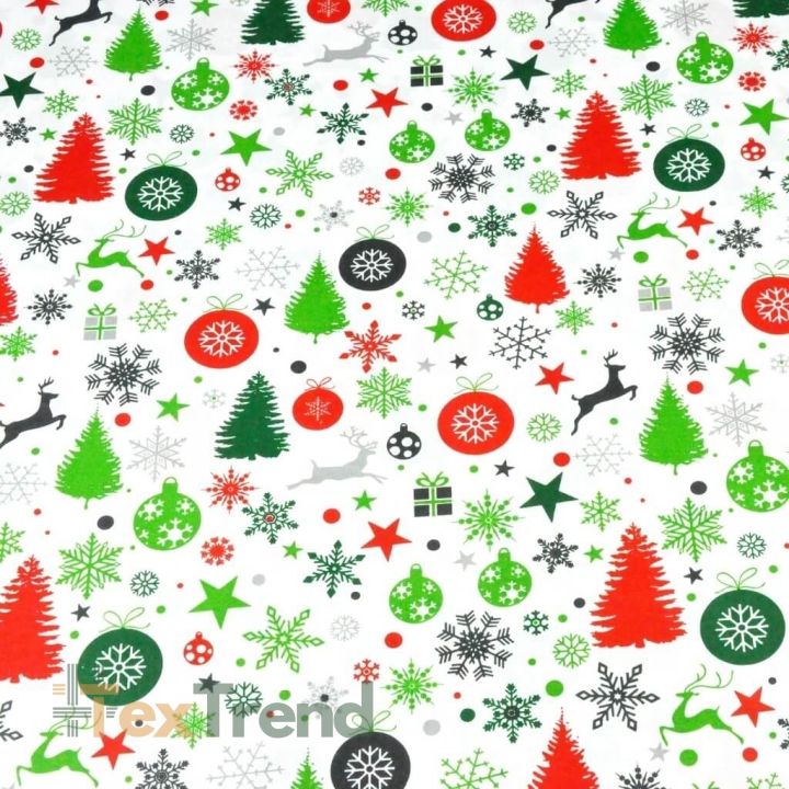 Baumwolle 100% Weihnachtsmuster rot-grün auf weißem Hintergrund  
