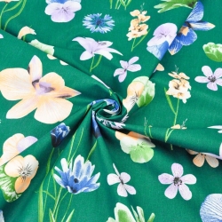 Baumwolle 100% Frühlingsblumen auf dunkelgrünem Hintergrund  