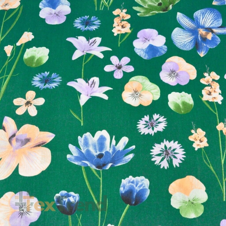 Baumwolle 100% Frühlingsblumen auf dunkelgrünem Hintergrund  