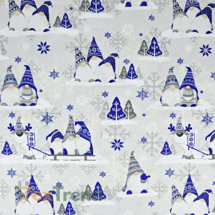Baumwolle 100% Weihnachtsmuster Wichtel dunkelblau mit Rentier auf grauem Hintergrund  