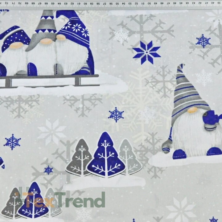Baumwolle 100% Weihnachtsmuster Wichtel dunkelblau mit Rentier auf grauem Hintergrund  