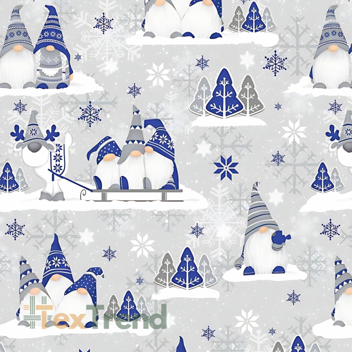 Baumwolle 100% Weihnachtsmuster Wichtel dunkelblau mit Rentier auf grauem Hintergrund  