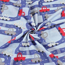 Baumwolle 100% Straßen mit Autos dunkelblau auf blauem Hintergrund  