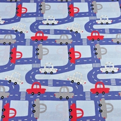 Baumwolle 100% Straßen mit Autos dunkelblau auf blauem Hintergrund  