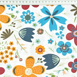 Baumwolle 100% große Wiese orange-blau auf weißem Hintergrund  