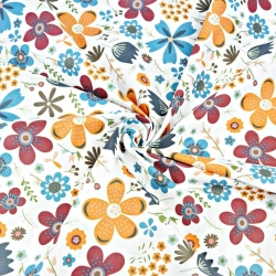 Baumwolle 100% große Wiese orange-blau auf weißem Hintergrund  