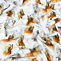 Jersey-Stoff Digitaldruck - braun-graue Pferde auf weißem Hintergrund  
