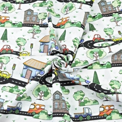 Baumwolle 100% Autos auf Straßen mit Bäumchen auf weißem Hintergrund  