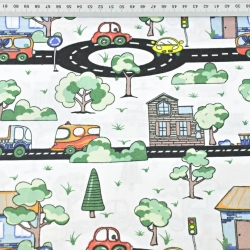 Baumwolle 100% Autos auf Straßen mit Bäumchen auf weißem Hintergrund  
