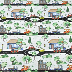 Baumwolle 100% Autos auf Straßen mit Bäumchen auf weißem Hintergrund  