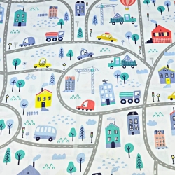 100% Baumwolle - Autos auf den Straßen in gelb-blau auf weißem Hintergrund  