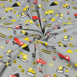 Baumwolle 100% Baustellenfahrzeuge gelb-rot auf grauem Hintergrund  