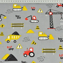 Baumwolle 100% Baustellenfahrzeuge gelb-rot auf grauem Hintergrund  