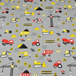 Baumwolle 100% Baustellenfahrzeuge gelb-rot auf grauem Hintergrund  