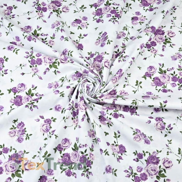 Baumwolle 100% Blumen Zweige von Rosen lila auf weißem Hintergrund  
