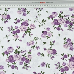 Baumwolle 100% Blumen Zweige von Rosen lila auf weißem Hintergrund  