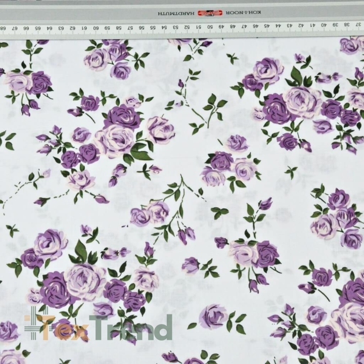Baumwolle 100% Blumen Zweige von Rosen lila auf weißem Hintergrund  