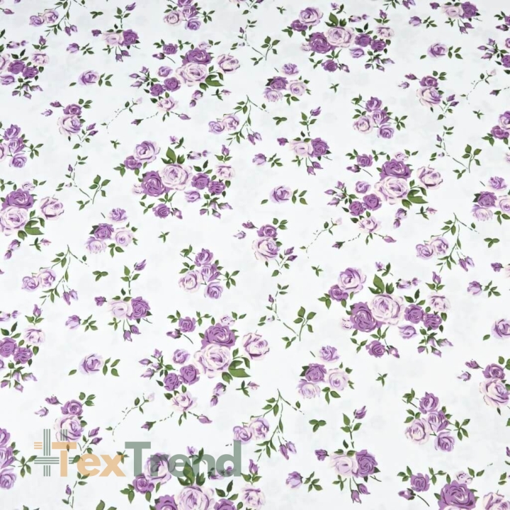 Baumwolle 100% Blumen Zweige von Rosen lila auf weißem Hintergrund  