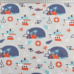 Baumwolle 100% Wale dunkelblau-rot auf grauem Hintergrund  