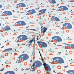 Baumwolle 100% Wale dunkelblau-rot auf grauem Hintergrund  