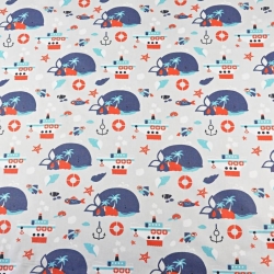 Baumwolle 100% Wale dunkelblau-rot auf grauem Hintergrund  