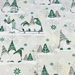 Baumwolle 100% Weihnachtsmuster Wichtel smaragdgrün mit Rentier auf grauem Hintergrund  