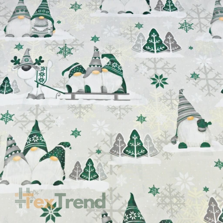 Baumwolle 100% Weihnachtsmuster Wichtel smaragdgrün mit Rentier auf grauem Hintergrund  