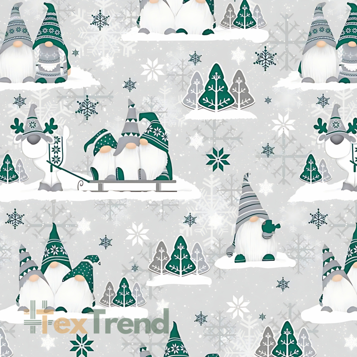 Baumwolle 100% Weihnachtsmuster Wichtel smaragdgrün mit Rentier auf grauem Hintergrund  