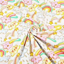 Baumwolle 100% Wolken mit buntem Regenbogen auf weißem Hintergrund  