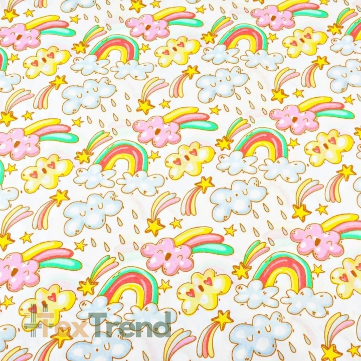 Baumwolle 100% Wolken mit buntem Regenbogen auf weißem Hintergrund  