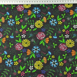 Baumwolle 100% Kaschubische Wiese auf schwarzem Hintergrund  