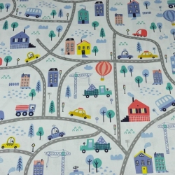 100% Baumwolle - Autos auf den Straßen in gelb-blau auf grauem Hintergrund