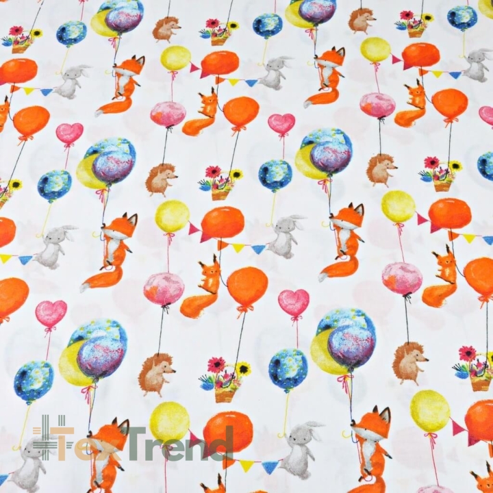 Baumwolle 100% Füchse mit bunten Ballons auf weißem Hintergrund  